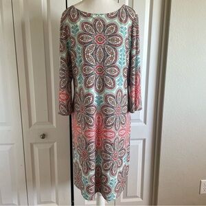 Maggy L Paisley Print Dress Womens 14 Floral Boho Liquid Knit 3/4 Sleeves Office
